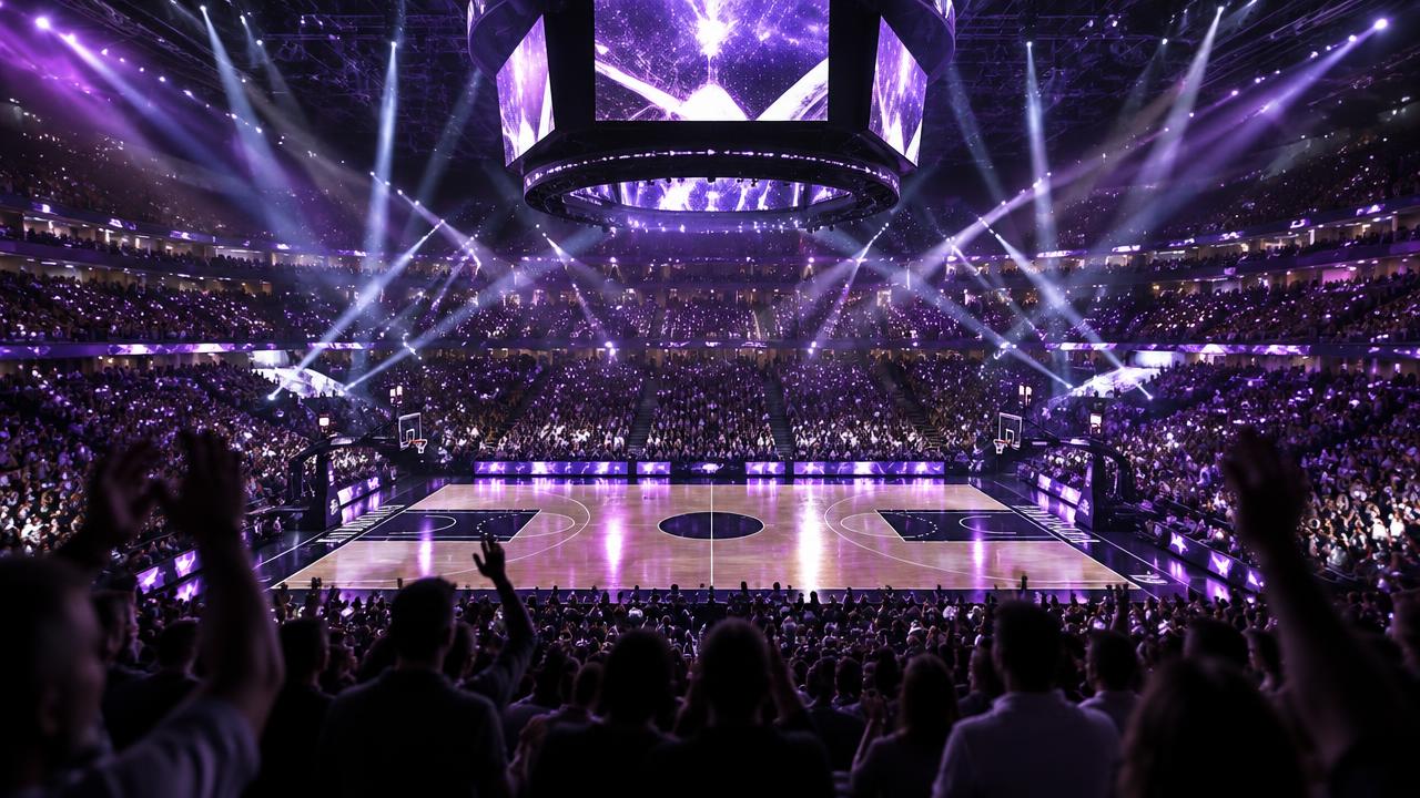 Purple-lit basketball arena